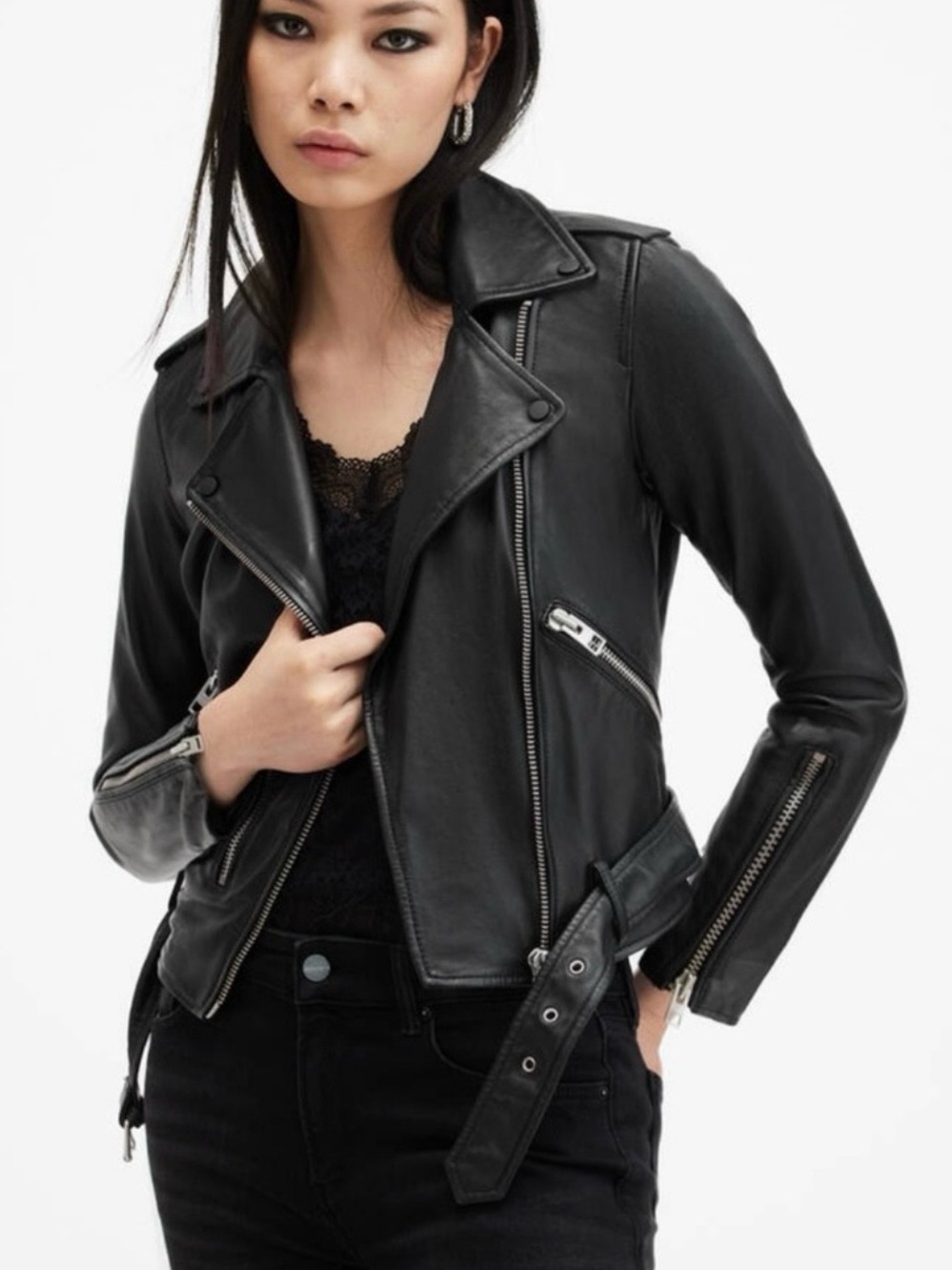 AllSaints Black Leather Asymmetric Moto Jacket